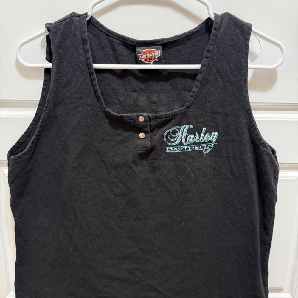 Harley-Davidson Black Tank Top with Teal Logo. Size Large. Vintage